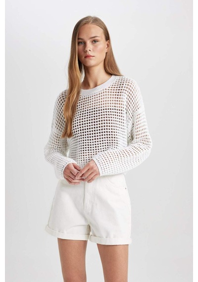 Defacto Regular Fit Bisiklet Yaka Kroşe Ajurlu Delikli Crop Triko Kazak T4513AZ24AUER103 Ekru