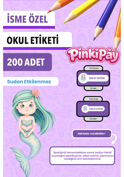İsim Yazılabilir Sevimli Deniz Kızları Temalı Okul Etiketi Kalem & Defter İçin 200 Adet Çoklu
