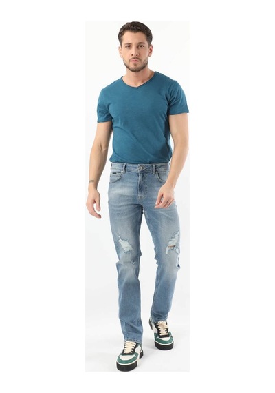 Erkek Dizi Yırtık Regular Fit Jean Pantolon Mavi 001