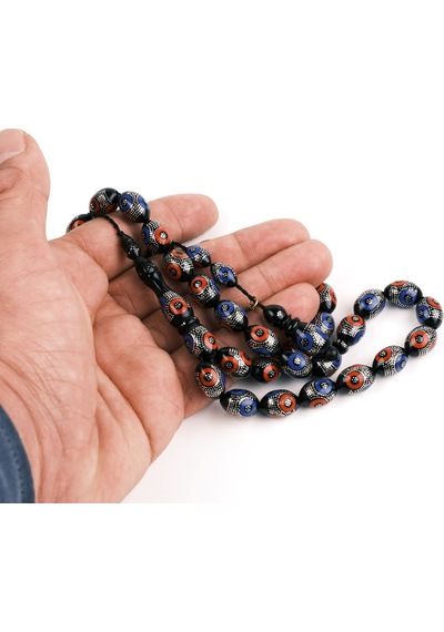 Erzurum Oltu Beyzi Kesim Mercan Ve Mine 1000 Ayar Gümüş İşlemeli 9.5x13.5mm Tesbih