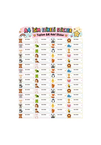 A4 İsim Etiketi Sticker Toplam 64 Adet Çocuk Okul Kırtasiye Etiketi Çok Renkli