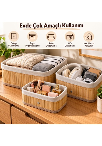 Bambu Düzenleyici Sepet Seti, Kumaş Astarlı, 3'lü Set Diğer