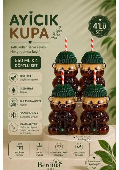 4lü Ayıcık Tasarım Cam Pipetli Soğuk İçecek Kahve Bardağı Yeşil Şapkalı Bear Bardak 550ml Barista Şefaf