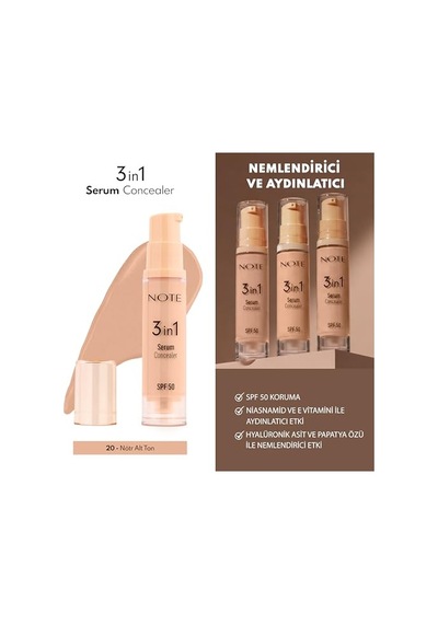 Note Cosmetics3 İn 1 Serum Concealer 20 Medium Beige Spf 50 Nemlendirici Ve Aydınlatıcı Göz Altı Kapatıcısı 00