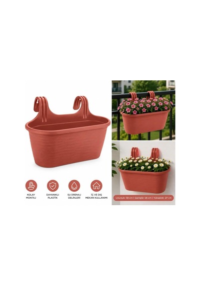 Tr Pratik Dayanıklı Şık 6,3lt Kiremit Sahra Askılı Saksı 38x27x26cm Balkon Korkuluk Dekoratif Askılı Sepet Genel