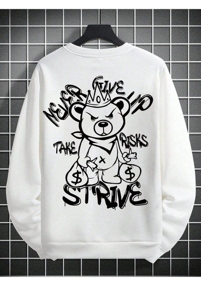 Startmore Plus Bear And Slogan Graphic Sweatshirt Beyaz Beyaz