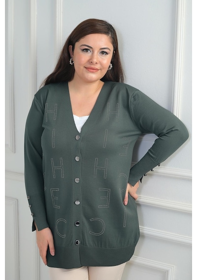 By Saygı Kadın Kolları Düğme Detaylı Taş Harf Baskılı Soğuk İplik Büyük Beden Hırka-41877 Haki By Saygı Kadın Kolları Düğme Detaylı Taş Harf Baskılı Soğuk İplik Büyük Beden Hırka-41877 Haki