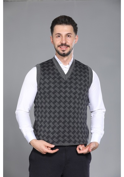 Kzc Tekstil Erkek Baba Ve Orta Yaş Desenli Akrilik Kalın Dokulu V Yaka Triko Süveter Gri