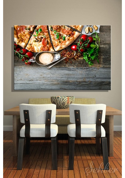 Pizza Domatesler Roka Soslar İştah Açıcı Bir Yemek Kompozisyonu Yatay Kanvas Tablo 3971