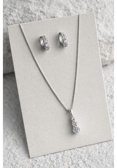 Çelik Silver Pırlanta Montür Işıltılı Luxia Kolye Ve Küpe Seti -kararma Yapmaz- Gümüş
