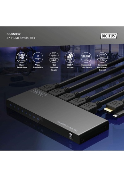 Digitus 5x1 Hdmı Switch, 4k/60hz Hdcp 2.2 Kumandalı Geçiş Kontrolü