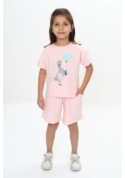 Toontoy Kids Toontoy Kız Çocuk Ördek Baskılı Şortlu Takım Pudra