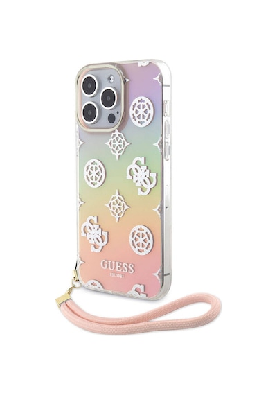 Apple Uyumlu iPhone 15 Pro Kılıf Guess Lisanslı Yazı Logolu Askı İpli Holografik Glitter Peony