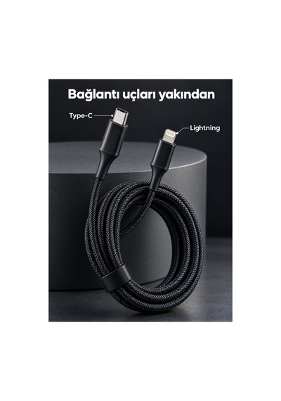 Uzun Ve Dayanıklı Type C Lightning Pd Hızlı Şarj Kablosu Siyah