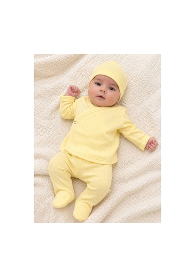 H&c Coolboy %100 Pamuk 3'lü Yenidoğan Hastane Çıkışı Seti Zıbın Patikli Alt Bere Takım Sarı