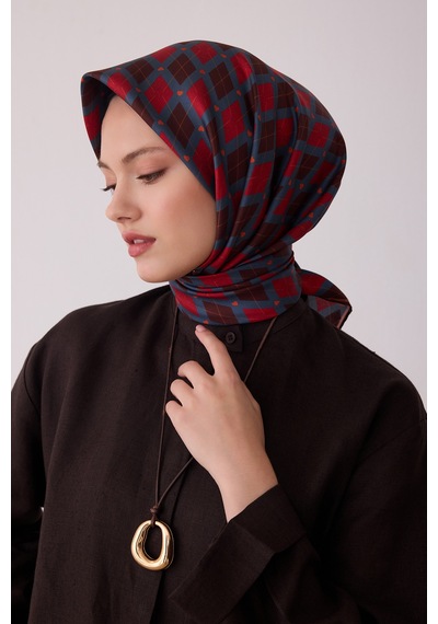 Belli Geometrik Desen %100 Twill İpek Eşarp Be08 Kırmızı