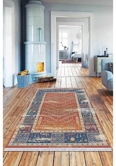 Kiremit Çerçeveli Dokuma Pamuk Taban Kaymaz Kilim Klm336n11