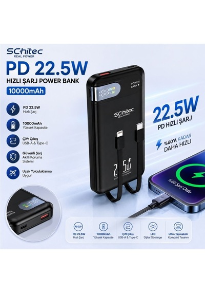 Schitec Hg/pb-101 10000mah 22.5w Hızlı Şarjlı Powerbank Type-c / Lightning Kablo Dijital Göstergeli Siyah