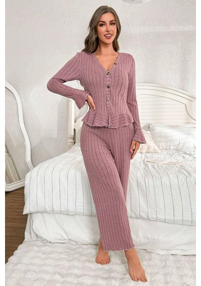 Bella Notte V Yaka Gül Kurusu İspanyol Kol Pamuklu Pijama Takımı Pembe