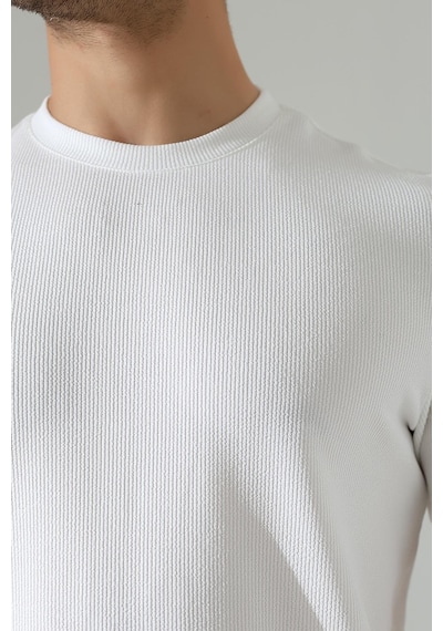 Erkek Fitilli Slim Fit Bisiklet Yaka Düz Renk T-shirt Beyaz