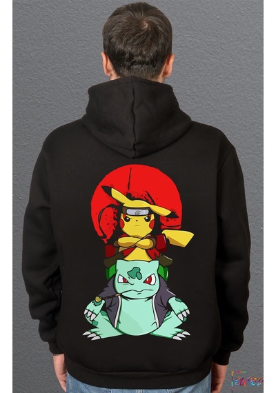 Bumeta Naruto Pikachu Balbazar Bulbasaur Anime Kızgın Ninja Japanese Sweatshirt Unisex Kapüşonlu Hoodie Siyah