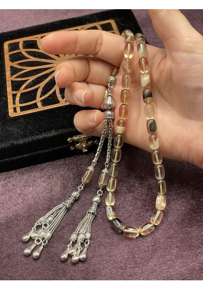 Alpaka Damla Uçlu Çift Renk Sıkma Kehribar Tesbih Krem-siyah, 7x11 Mm