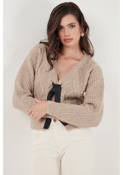 Lela Premium Regular Fit V Yaka Fiyonk Bağlama Detaylı Örgü Desenli Triko Bayan Hırka 680Kz1947 Bej