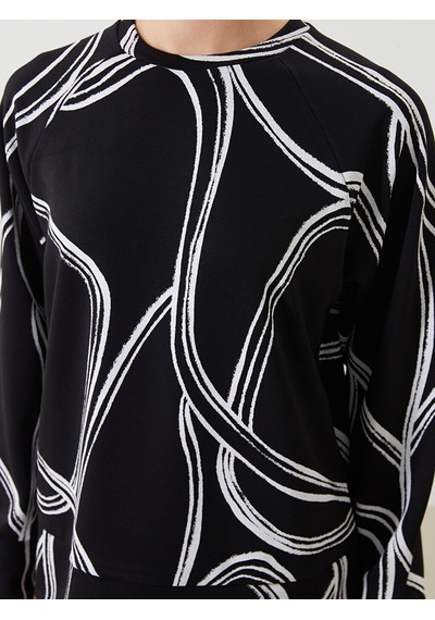 Lcwaıkıkı Classic Siyah Bisiklet Yaka Desenli Oversize Kadın Sweatshirt