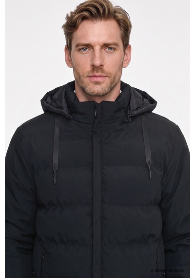 AC&Co / Altınyıldız Classics Erkek Sıyah Standart Fit Normal Kesim Dik Yaka Kapüşonlu Yan Cepli Casual Mont Siyah