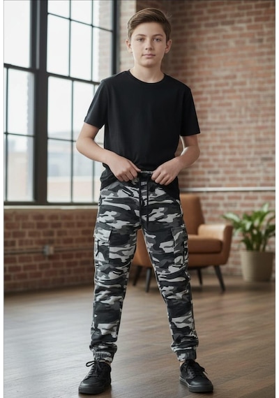 Black Steel Garson Boy Erkek Kamuflaj Desen Pantolon Füme