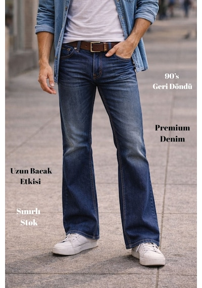 Cedy Denim Cedy Denım Premium Seri: Erkek Retro Flare Bootcut Jean - Geniş Paça Taşlanmış Denim Pantolon C370 Mavi