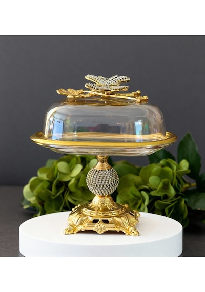 Çnr Home Collection Kelebek Detaylı Elmas Kesim Gold Metal Ayaklı Sunumluk-tereyaglık-peynirlik-kahvaltılık Gold