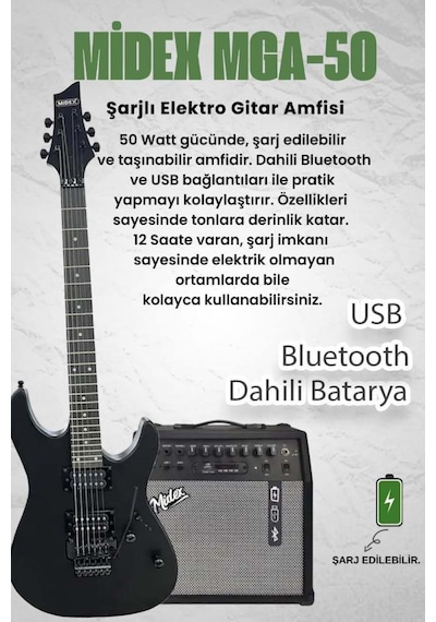 Midex GRX-300-50-AMP Profesyonel Elektro Gitar Seti 50 Watt Gainli Şarjlı Bluetooth'lu Amfi ve Full Set