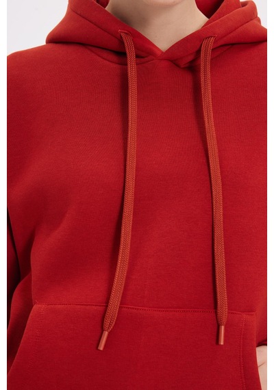Tudors Kadın Oversize Geniş Kesim Pamuklu Yumuşak Dokulu İçi Polarlı Basic Kiremit Kapüşonlu Sweatshirt-37906 Kiremit