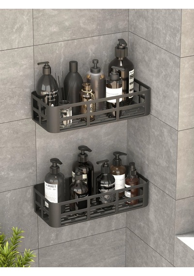 Banyo Duş Rafı 2'li Yapışkanlı Ve Deliksiz Duş Organizer Suya Dayanıklı Siyah Raf Çok Renkli