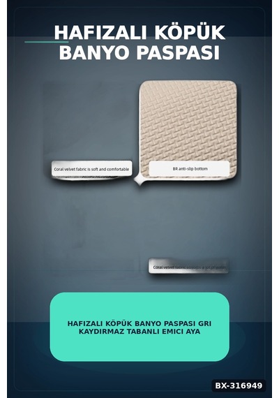 Hafızalı Köpük Banyo Paspası Gri Kaydırmaz Tabanlı Emici Ayak Paspas 1 Adet Bx-316949 Diğer