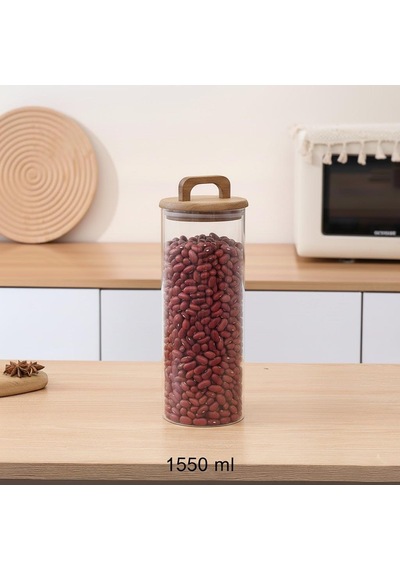 Borosilikat Cam Vakumlu Kavanoz 1550 Ml Akasya Kapaklı Bakliyat & Baharat Kavanozu 3 Adet Şeffaf