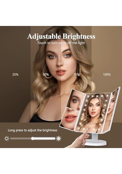 Led Işıklı Katlanabilir Makyaj Aynası - 2x 3x 10x Büyütme Modu - Dokunmatik Touch Ekran - 5 Farklı Ayna Açık Bej
