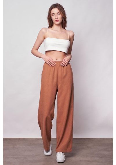 JUMENT Keten Yüksek Bel Beli Lastikli Yan Cepli Bol Paça Pantolon -camel