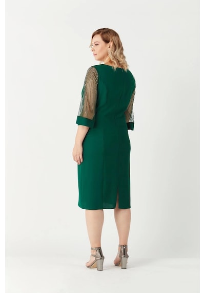 Moda Berray 1349 Yeşil Kolları Taş Işlemeli Şık Büyük Beden Kısa Abiye Yeşil