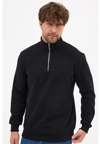 Mmetalic Erkek Siyah Standart Fit Normal Kesim Pamuklu Yarım Fermuarlı Dik Yaka Pamuklu Sweatshirt Siyah