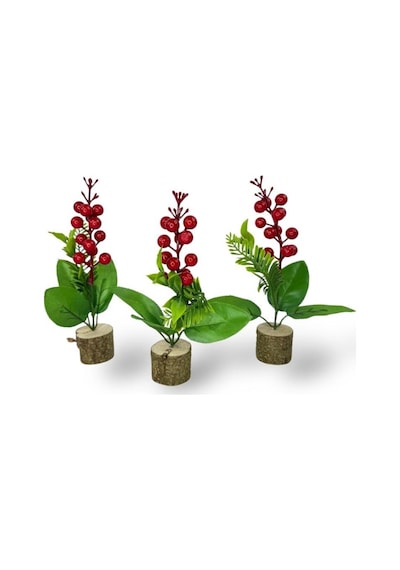 3lü Set Yapay Çiçek Yılbaşı Çiçeği Kokinalı Kütük Saksılı Dekoratif Süs 20cm