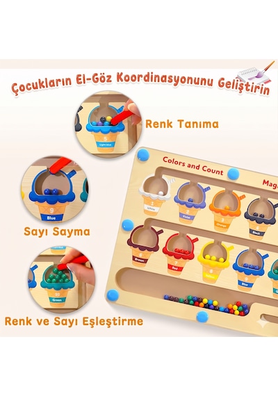 Manyetik Kalemli Renk Ve Sayı Labirenti Eğitici Ahşap Dondurma Temalı Zeka Oyunu
