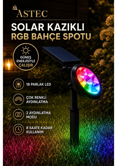 Astec Solar Güneş Enerjili Rgb Kazıklı Bahçe Aydınlatma Lambası 18w Dış Mekân Led Spot Çok Renkli