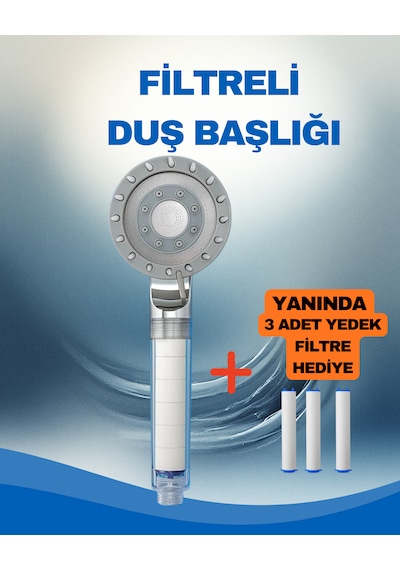 Filtreli Duş Başlığı 3 Adet Yedek Filtre Su Arıtmalı, Klor Ve Kireç Önleyici, Yüksek Basınçlı Gri - Siyah