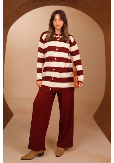 Balenbi Kadın Bisiklet Yaka Önden Düğmeli Çizgi Desenli 2'li Triko Tesettür Takım 8412 - Premium Seri Bordo Balenbi Kadın Bisiklet Yaka Önden Düğmeli Çizgi Desenli 2'li Triko Tesettür Takım 8412 - Premium Seri Bordo