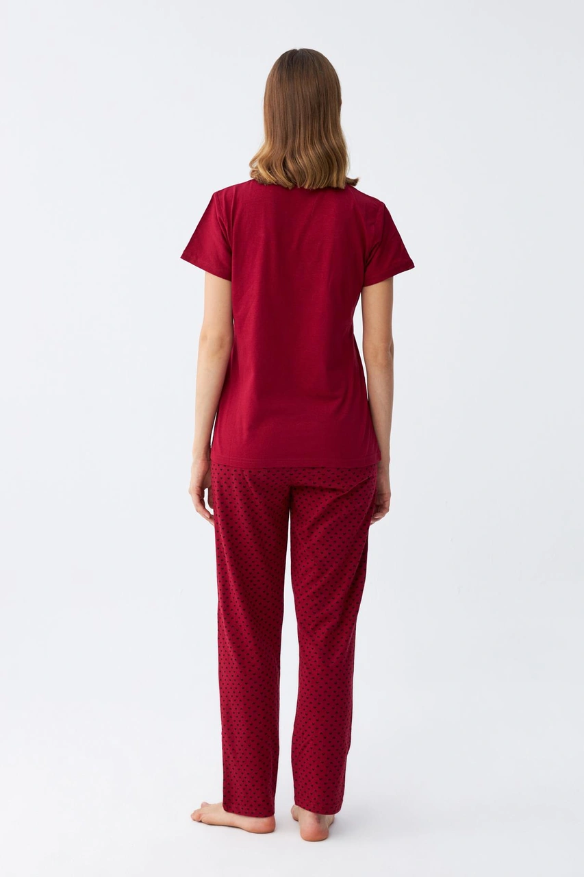 Akbeniz Kadın Bordo Kalp Desenli Kısa Kollu Penye Pijama Takımı Bordo