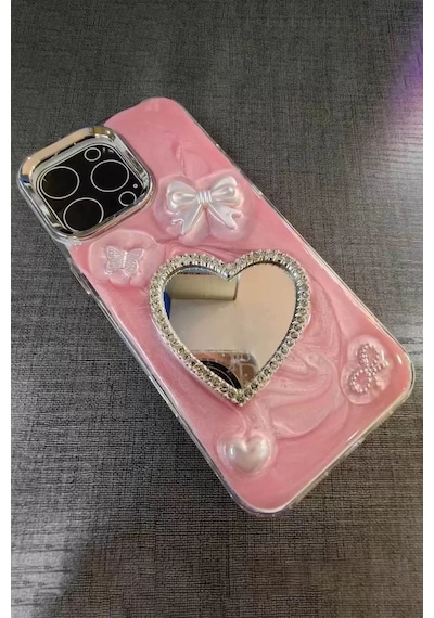 Caş Dekorasyon Pembe Renk Kalp Ve Kurdele Figürlü Aynalı 13 Pro Max Telefon Kılıfı Pembe