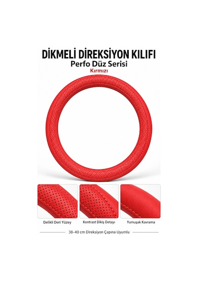 Trobus Opel Vectra 2003-2009 Uyumlu Dikmeli Direksiyon Kılıfı Perfo Düz Delikli Deri Kırmızı