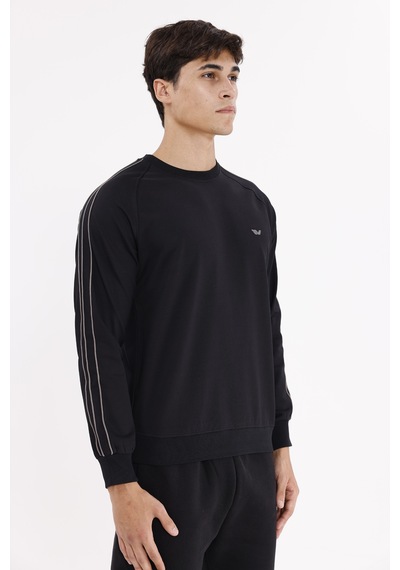 Rowinger Çift Şeritli Raglan Kol Minimal Logolu Bisiklet Yaka Sweatshirt Black